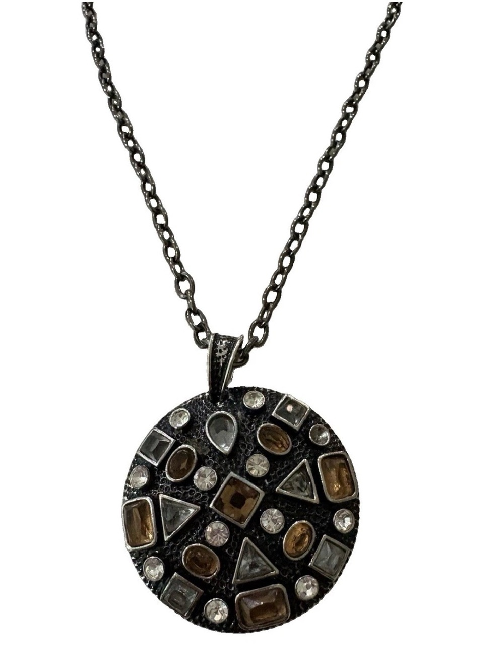 Vintage Cookie Lee Dark Silvertone Mosaic Collage Geometric Rhinestone Medallion